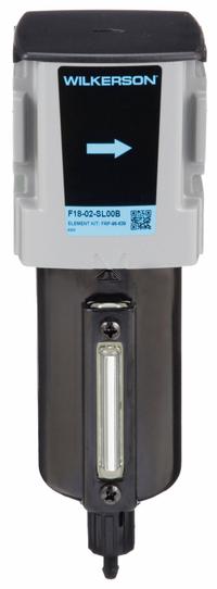 WILKERSON Compressed Air Filter: Particulate, 1/4 in NPT, 5 micron, 82 cfm, 250 psi Max Op Pressure (MPN F18-02-SL00B). Key specifications — attr110055: F18; attr110008: WILKERSON.