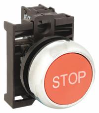 EATON Flush Push Button Operator: Non-Illuminated, Flush Profile, Metallic, 22 mm, 1NC (MPN M22M-D-R-GB0-K01). Key specifications — Brand: EATON; Action: Momentary; Series: M22; Push Button Material Type: Metallic.
