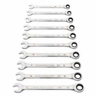 GEARWRENCH Combination Ratcheting Wrench Set: Alloy Steel, Full Polish Chrome, 12 Tools, Std, SAE (MPN 86927). Key specifications — attr309581: Full Polish Chrome; attr309580: Alloy Steel; attr309571: No; attr309583: No; attr309587: Yes; attr324931: GEARWRENCH; attr309569: 8 mm to 19 mm.