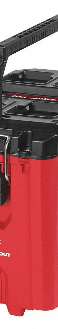 MILWAUKEE PACKOUT Tool Box: Plastic, Black/Red, 9 13/16 in W x 13 in H x 16 3/16 in D (MPN 48-22-8422). Key specifications — attr1117293: MILWAUKEE; attr1117310: Latch; attr1117382: Plastic; attr1117383: Red.
