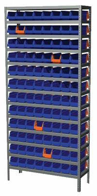 AKRO-MILS Bin Shelving: 36 in x 12 in x 79 in, 1 Sided, 96 Bins, Open, Shelf Bin, Blue/Orange (MPN AS127936442B). Key specifications — Includes Bins: Yes; Bin Material: Polymer; Frame Color: Gray; Bin HxWxD: (96) 4 in x 4-1/4 in x 11-5/8 in; Frame Material: Steel; Bin Color: Blue; Orange; Bin Style: Shelf.