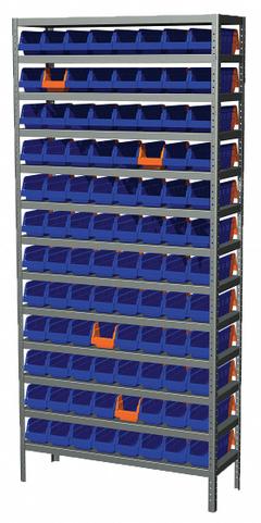 AKRO-MILS Bin Shelving: 36 in x 12 in x 79 in, 1 Sided, 96 Bins, Open, Shelf Bin, Blue/Orange (MPN AS127936442B). Key specifications — Includes Bins: Yes; Bin Material: Polymer; Frame Color: Gray; Bin HxWxD: (96) 4 in x 4-1/4 in x 11-5/8 in; Frame Material: Steel; Bin Color: Blue; Orange; Bin Style: Shelf.