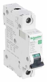 SCHNEIDER IEC Supplementary Protector: 32 A Amps, 60V DC, 14kA at 120/240V AC, Screw Clamp, C60SP, C (MPN M9F22132). Key specifications — Brand: SCHNEIDER; Terminal Connection: Screw Clamp; DC Voltage Rating: 60V DC; Max. AIR Rating: 14kA at 120/240V AC; Series: C60SP; AC Voltage Rating: 240/415V AC; Curve Type: C.