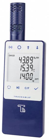 TRACEABLE Carbon Dioxide Meter: Bluetooth, Gas Analyzers for Carbon Dioxide, Carbon Dioxide, 6525. Key specifications — Manufacturer Part Number: 6525; Brand: TRACEABLE; Calibration Certificate Type: NIST; Digital Display Screen Type: LCD; Features: Connect to your Data Via Smartphone, Tablet or PC Using TraceableLIVE Wireless Capability*; Includes: Built-In Stand; PPM Accuracy: 5% of Reading (+3ppm (Carbon Dioxide)); Power Source: Battery.