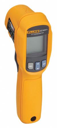 FLUKE Infrared Thermometer: FLUKE-62 MAX +, Avg/Difference/Max Temp/Min Temp, Adj @ 0.10 to 1.00. Key specifications — attr996392: Backlit Display; attr996407: Difference; attr996408: Low Temperature; attr996410: IEC 60825-1: Class 2; attr996414: 0.2°F; attr996767: FLUKE-62 MAX +; attr1019884: Tripod; attr1019885: Not Specified Intrinsically Safe.