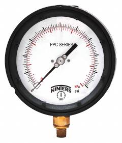 WINTERS Process Compound Gauge: 0 psi to 30 psi, Glow-in-the-Dark White, 4 1/2 in Dial, Bottom, PPC (MPN PPC5121WBG). Key specifications — Brand: WINTERS; Pointer Color: Black; Accuracy: ±0.5%; Dial Color: Glow-in-the-Dark White; Gauge Wetted Parts: Brass / Bronze; Case Material: Phenolic; Vibration Resistance Properties: Liquid-Filled; Pressure Range: 0 psi to 30 psi.
