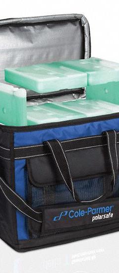 Cryogenic Storage Box: 16 1/8 in Overall Lg, 13 3/4 in Overall Wd, 9 3/8 in Overall Ht, Nylon (MPN 0372639). Key specifications — Material: Nylon; Includes: (4) 1 L 22°C Blocks; Product Type: Transport Bag; Brand: COLE-PARMER.
