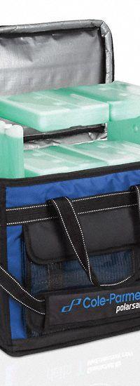 Cryogenic Storage Box: 16 1/8 in Overall Lg, 13 3/4 in Overall Wd, 9 3/8 in Overall Ht, Nylon (MPN 0372639). Key specifications — Material: Nylon; Includes: (4) 1 L 22°C Blocks; Product Type: Transport Bag; Brand: COLE-PARMER.
