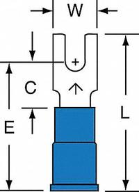 3M Fork Terminals: Blue, Vinyl, #14 Stud Size, 16 AWG – 14 AWG Wire Range, Block Fork, 600 V (MPN MVU14-4FB/SK). Key specifications — Barrel Style: Butted; Manufacturer Part Number: MVU14-4FB/SK; Brand: 3M; Series: MVU14.