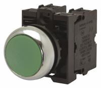 EATON Illuminated Push Button: Illuminated, Flush Profile, Non-Metallic, 22 mm, 2NO (MPN M22-DL-G-K20-230G). Key specifications — Brand: EATON; Action: Momentary; Series: M22; Push Button Material Type: Non-Metallic.