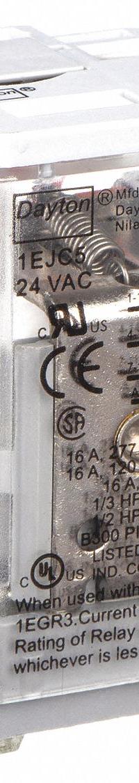 DAYTON General Purpose Relay: Socket Mounted, 10 A Current Rating, 24V AC, DPDT, 8 Pins/Terminals (MPN 1EJC5). Key specifications — Brand: DAYTON; Base Type: Square; Mounting Style: Plug-In; Manufacturer Part Number: 1EJC5; Series: C Series.