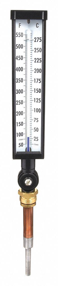 APPROVED VENDOR Industrial Glass Thermometer: 50°F to 550°F /10°C to 290°C - Adjustable-Angle Thermometers without Thermowell