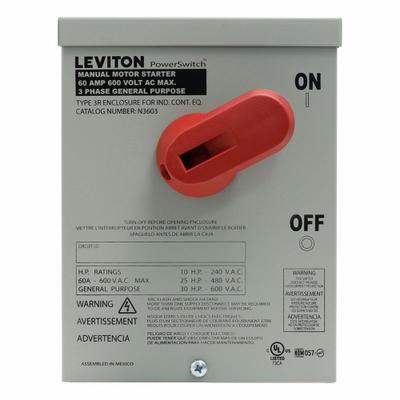 LEVITON Manual Motor Controller: 3 Poles, 60 A, 3R NEMA Rating - Enclosed Manual Motor Switches