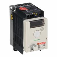 SCHNEIDER Variable Frequency Drive: In Phase Single, Out Phase Three, 11/20 hp, IP20, No Bypass (MPN ATV12H037F1). Key specifications — Style: Heat Sink; Color: Black/Blue/Gray; Output Voltage: 200-240V AC; Output Phase: Three.
