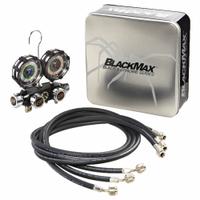 BLACKMAX Manifold Gauge Set: 4 Valves, 3 Hoses, Series BlackMax, 3 1/8 in Gauge (MPN MV4H4P5Z). Key specifications — Hose Connection Type: SAE; Product Type: Manifold Gauge Set; For Refrigerant Type: R-410A; Brand: BLACKMAX; Includes: Carrying Case; Gauge Boots: Yes; Sight Glass: Yes.