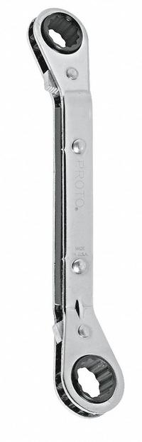 PROTO Box End Wrench: Chrome, 3/8 in_7/16 in Head Size, 5 1/2 in Overall Lg, Offset, Reversing, SAE (MPN J1182T). Key specifications — attr309490: Chrome; attr309484: Yes; attr309492: No; attr324928: PROTO.