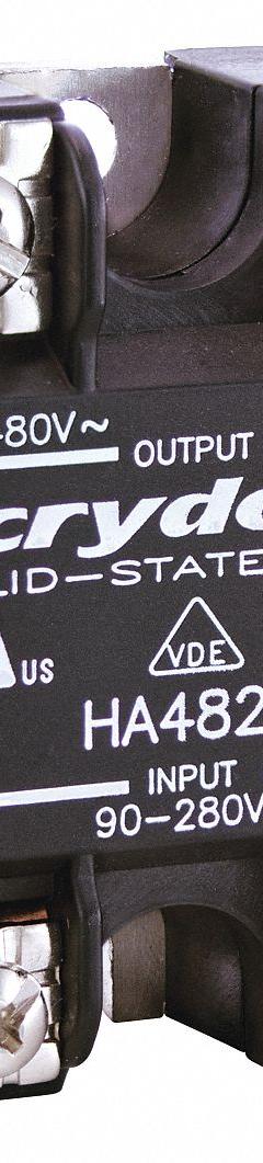 CRYDOM Solid State Relay: Surface Mounted, 25 A Max Output Current, SCR, AC Output (MPN HA4825E). Key specifications — Brand: CRYDOM; Current Type: AC; Electrical Connection: Screw Clamp; Finger Safe: No; Input Current: 10 mA; Input Voltage: 18-36 VAC; Maximum Output Current without Heat Sink: 12 A; Mounting Style: Panel.