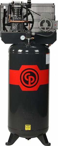 CHICAGO PNEUMATIC Stationary Air Compressor: 5 hp, 2 Stage, Vertical, 80 gal, 14.6 cfm, 175 psi (MPN RCP-4981VNS). Key specifications — attr48430: CHICAGO PNEUMATIC; attr48445: 60 Hz; attr48450: 230V AC; attr48474: Single; attr48487: Vertical.