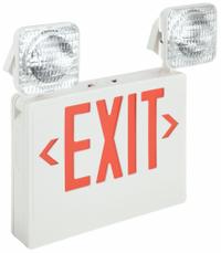 Exit Sign with Emergency Lights: White, 1 or 2 Faces, Red, Incandescent, Ceiling/Wall, 120/277V AC (MPN 6CGL7). Key specifications — Voltage: 120/277V AC; Self Diagnostics: No; Housing Color: White; Brand: APPROVED VENDOR; Directional Indicators: Universal Field Selectable Chevrons; Lighting Technology: Incandescent; Remote Capable: No; Text Color: Red.