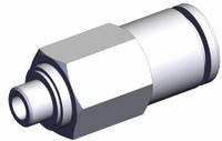 SMC Pneumatic Check Valve: Male Connector, NBR, Aluminum Alloy (Valve)/PBT (Body)/Spacer (Brass) (MPN AKH06B-M5). Key specifications — attr291949: 6 mm Tubing; attr291950: M5 x 0.8; attr291957: NBR, Aluminum Alloy (Valve); PBT (Body); Spacer (Brass); attr294749: SMC.