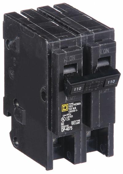 SQUARE D Miniature Circuit Breaker: 110 A, 120/240V AC, Single Phase, 10kA at 120/240V AC - HOM Series, Plug-In Square D Miniature Circuit Breakers