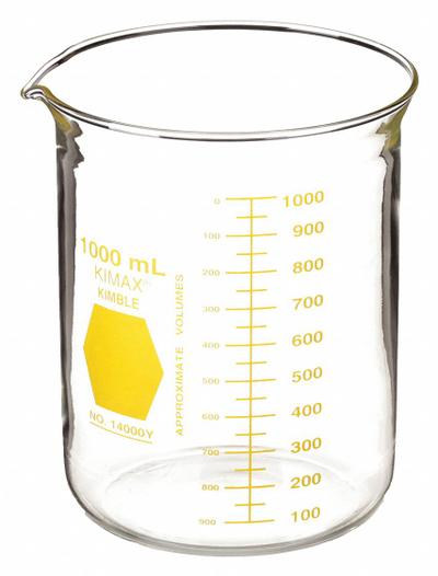KIMBLE Colorware Beaker: 1,000 mL, 33.81 fl oz, A, Low Form, Type I, Yellow - Color Coded Low Form Glass Beakers