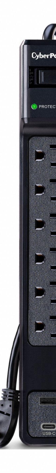 CYBER POWER Outlet Strip: 6 Outlets, 4 ft Cord Lg, 1,800 J Rated Energy, 15 A Current, UL 1449 (MPN P604UCBK). Key specifications — Brand: CYBER POWER; Mounting Style: Keyhole.