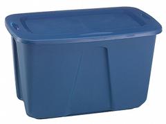HOMZ Storage Tote: 32 gal, 31 7/8 in x 20 in x 17 3/4 in, Blue Body, Blue Lid, Not NSF Certified (MPN 6630GRRB.06). Key specifications — Material: Plastic; Edge/Corner Design: Rounded; Body Color: Blue; Lid Color: Blue; Brand: HOMZ; NSF Certified: Not NSF Certified; Nestable: Nesting Capable.