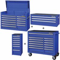 WESTWARD Rolling Cabinet Kit: 34 Drawers, Heavy Duty, Keyed, 57 1/2 in W x 19 in D x 82 3/4 in H (MPN 361LP5). Key specifications — attr1116680: Blue; attr1116684: Ball Bearing; attr1116690: WESTWARD; attr1116659: Keyed; attr1116661: Intermediate Chest 42 in W x 19 in D x 16 in H.