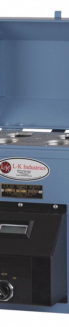 LK INDUSTRIES Corrosion Test Cylinder Heater: 14 in Overall Dp, 19 in Overall Ht, 15 in Overall Wd (MPN E-4-12-D). Key specifications — Brand: LK INDUSTRIES; Display Type: Digital; For Use With: ASTM and NGPA Copper Strip Corrosion Testing of Liquefied Petroleum Gas (LPG); Accuracy: +/-1 °C; Voltage: 12V AC.