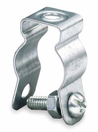 Conduit & Cable Hanger - Screw-On: 1 1/2 in Trade Size, Steel, 6H4-B. Key specifications — Color: Gray; Compatible Conduit Trade Size: 1-1/2 in; Compatible Conduit Type: RMC; Compatible Nominal Conduit/Pipe Size: 1-1/2 in; Compatible Pipe Size: 1-1/2 in; Finish: Galvanized; For Use With: Cable; Conduit.