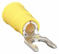 3M Fork Terminals: Yellow, Vinyl, #6 Stud Size, 12 AWG – 10 AWG Wire Range, Locking Fork, 1,000 V (MPN LFV10-6Q). Key specifications — Barrel Style: Butted; Manufacturer Part Number: LFV10-6Q; Brand: 3M; Series: LFV10.