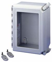 HOFFMAN Enclosure: Fiberglass, 10 in x 8 in x 6 in, NEMA 12/13/4/4X, Solid with Window Cover, Hinged (MPN A1086CHQRFGW). Key specifications — Brand: HOFFMAN; Closure Method: Quick Release Latch; Enclosure Material: Fiberglass; Knockouts: Not Included.