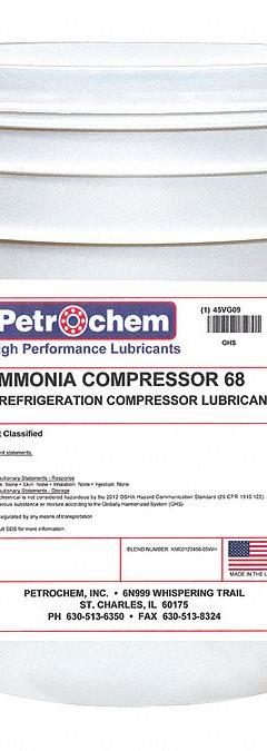 PETROCHEM Compressor Oil: 5 gal, Pail, 20 SAE Grade, 68 ISO Viscosity Grade, 98 Viscosity Index (MPN AMMONIA COMPRESSOR 68-005). Key specifications — attr59744: 98; attr59746: 68; attr59736: No; attr59735: Pail; attr59749: 20.