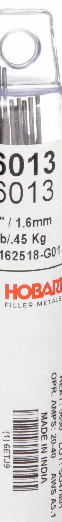 HOBART Stick Electrode: Carbon Steel, E6013, 1/16 in x 14 in, 1 lb (MPN 6ETJ9). Key specifications — Brand: HOBART; Tensile Strength (As Welded): 60 ksi; Yield Strength (As Welded): 48 ksi.