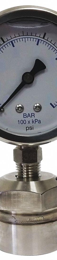KODIAK Pressure Gauge with Diaphragm Seal: 0 psi to 600 psi, KC301/DSM35, 2 1/2 in Dial, Mineral Oil (MPN KC301L25600/DSM3512). Key specifications — Brand: KODIAK; Gauge Case Liquid: Glycerin; Seal Fill Liquid: Mineral Oil; Gauge Case Material: 304 Stainless Steel; Seal Lower Housing Material: 316 Stainless Steel; Accuracy: ±1.60%; Gauge Wetted Parts: Stainless Steel.