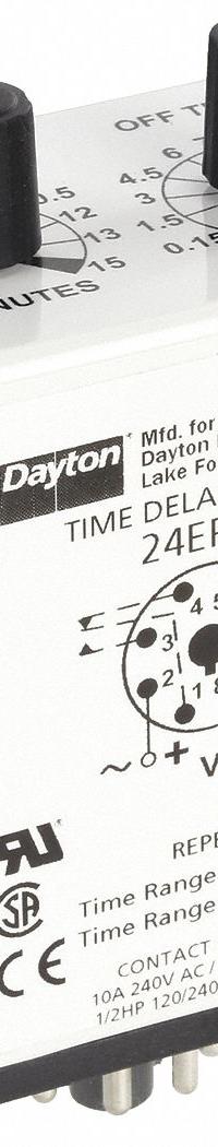 DAYTON Single Function Time Delay Relay: Socket Mounted, 24V AC/DC, 10 A, 8 Pins/Terminals (MPN 24EP35). Key specifications — Brand: DAYTON.