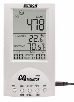 EXTECH Air Quality Monitor Data Logger: 0.1%to 99.9% Relative Humidity Measured, 14°F to 140°F (MPN CO220). Key specifications — Parameters Measured: Carbon Dioxide; Brand: EXTECH; Features: Displays Year, Month, Day, and Time; Includes: AC Adapter; Software Options: No Software Required; Data Logger Type: Temperature.