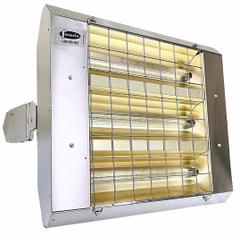 FOSTORIA Infrared Quartz Electric Heater: 4800 W Watt Output, 240V AC, 1/3 Phase, Hardwired, Silver (MPN H-30-223-THSS). Key specifications — Wattage Output: 4800 W; Voltage: 240V AC; Brand: FOSTORIA; Electrical Connection: Hardwired; Element Type: Quartz Lamp; Housing Color: Silver; Housing Material: Stainless Steel; Overall Dimensions - L x W x D: 24 in x 21-1/2 in x 11 in.