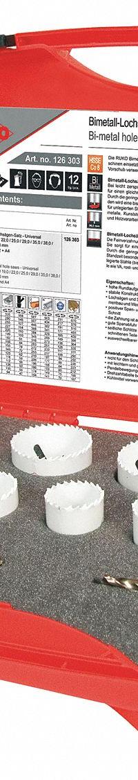 ROTHENBERGER Hole Saw Kit: 12 Pieces, 38 mm Max. Cutting Dp, High Speed Steel, 7 Teeth per Inch (MPN 126303). Key specifications — attr1098178: 7; attr1098172: ROTHENBERGER.