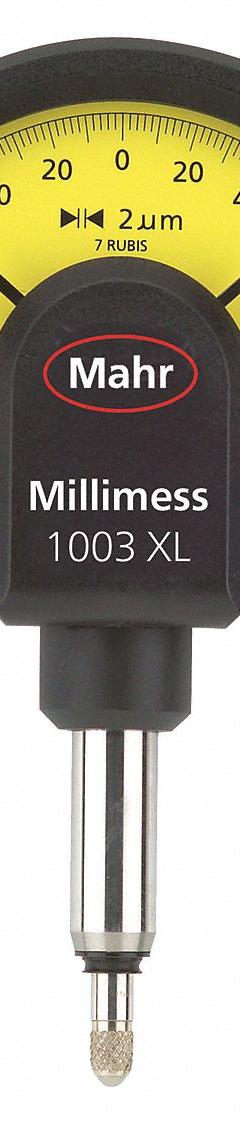 MAHR Dial Comparator: Mechanical, Micron, +/-2 micron Accuracy, 130-0-130 Dial Reading (MPN 4334001). Key specifications — attr1184227: Mechanical; attr1184224: MAHR; attr1184226: +/-2 micron; attr1184230: 130-0-130.