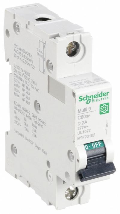 SCHNEIDER Supplementary Protector: 2 A Amps, 60V DC, 14kA at 120/240V AC, Screw Clamp - D-Curve, 1-Pole UL1077 DIN Rail-Mount Supplementary Protectors