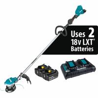 MAKITA Battery-Powered String Trimmer Kit: 15 in Cutting Wd, Straight Shaft, 69 1/4 in Shaft Lg (MPN XRU15PT). Key specifications — attr975803: 69-1/4 in; attr975783: MAKITA; attr975787: 15 in; attr975804: Straight; attr975780: 5.0 Ah; attr987328: No.