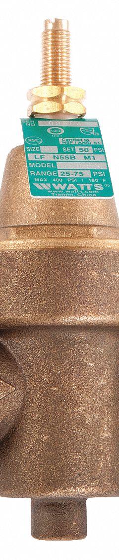 WATTS REGULATOR Water Pressure Reducing Valve: 1/2 in Pipe Size, Copper Silicon Alloy (MPN 1/2" LFN55BM1-DU-PEX). Key specifications — Brand: WATTS REGULATOR; Low-Lead Compliance: Low-Lead Compliant.