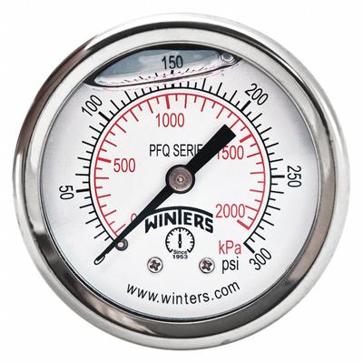 WINTERS Panel-Mount Pressure Gauge: Front Flange, 0 psi to 300 psi, 2 in Dial, 1/4 in NPT Male - Front-Flange Panel-Mount with Brass/Bronze Wetted Parts