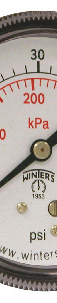 WINTERS Panel-Mount Pressure Gauge: U-Clamp, 0 psi to 60 psi, 2 1/2 in Dial, 1/4 in NPT Male, P9U 90 (MPN P9U901438UC). Key specifications — Accuracy: ±2-1-2%; Brand: WINTERS; Vibration Resistance Properties: Dry Case Vibration-Dampened; Gauge Wetted Parts: Brass / Bronze.