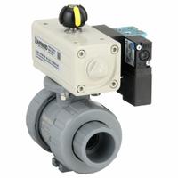 HAYWARD FLOW CONTROL Pneumatically Actuated Two-Way Ball Valve: 1 in, CPVC, Air to Air, Three-Piece (MPN PSDTBH210STEA8). Key specifications — Brand: HAYWARD FLOW CONTROL; Connection Gender - Side 1: Female; Actuator Features: Position Indicator; Actuator Operation: Air to Air; Actuator Series: PSD; Connection Gender - Side 2: Female; Connection Type - Side 1: True-Union Socket/True-Union NPT; Connection Type - Side 2: True-Union Socket/True-Union NPT.