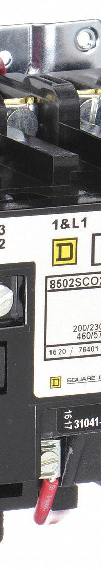 SQUARE D NEMA Magnetic Contactor: Non-Reversing, 3 Poles, NEMA Size 1, 27 A, 208V AC (MPN 8502SCO2V08). Key specifications — Brand: SQUARE D.