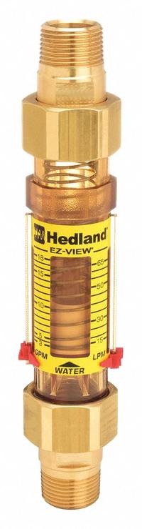 HEDLAND Mechanical Flowmeter: Flow Meter, Scale, Variable Area, Inline, Universal, Gallons/Liters (MPN H625-018-R). Key specifications — Display Type: Scale; O-Ring Material: Buna-N; Includes Flow Rate Adjustment Knob: No; Includes Pressure Guage: No; Mounting Orientation: Universal; Unit Of Measure: Liters; Brand: HEDLAND; Accuracy: +/-5%.