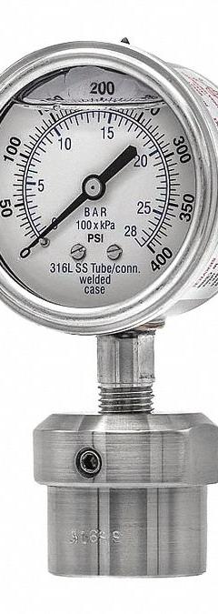 PIC GAUGES Pressure Gauge with Diaphragm Seal: 0 psi to 400 psi, 301L/0JJJ, 2 1/2 in Dial, Glycerin (MPN 301L254I/0JJJ100). Key specifications — Brand: PIC GAUGES; Gauge Case Liquid: Glycerin; Seal Fill Liquid: Glycerin; Seal Lower Housing Material: 316 Stainless Steel; Accuracy: ±2-1-2%; Gauge Wetted Parts: Stainless Steel.